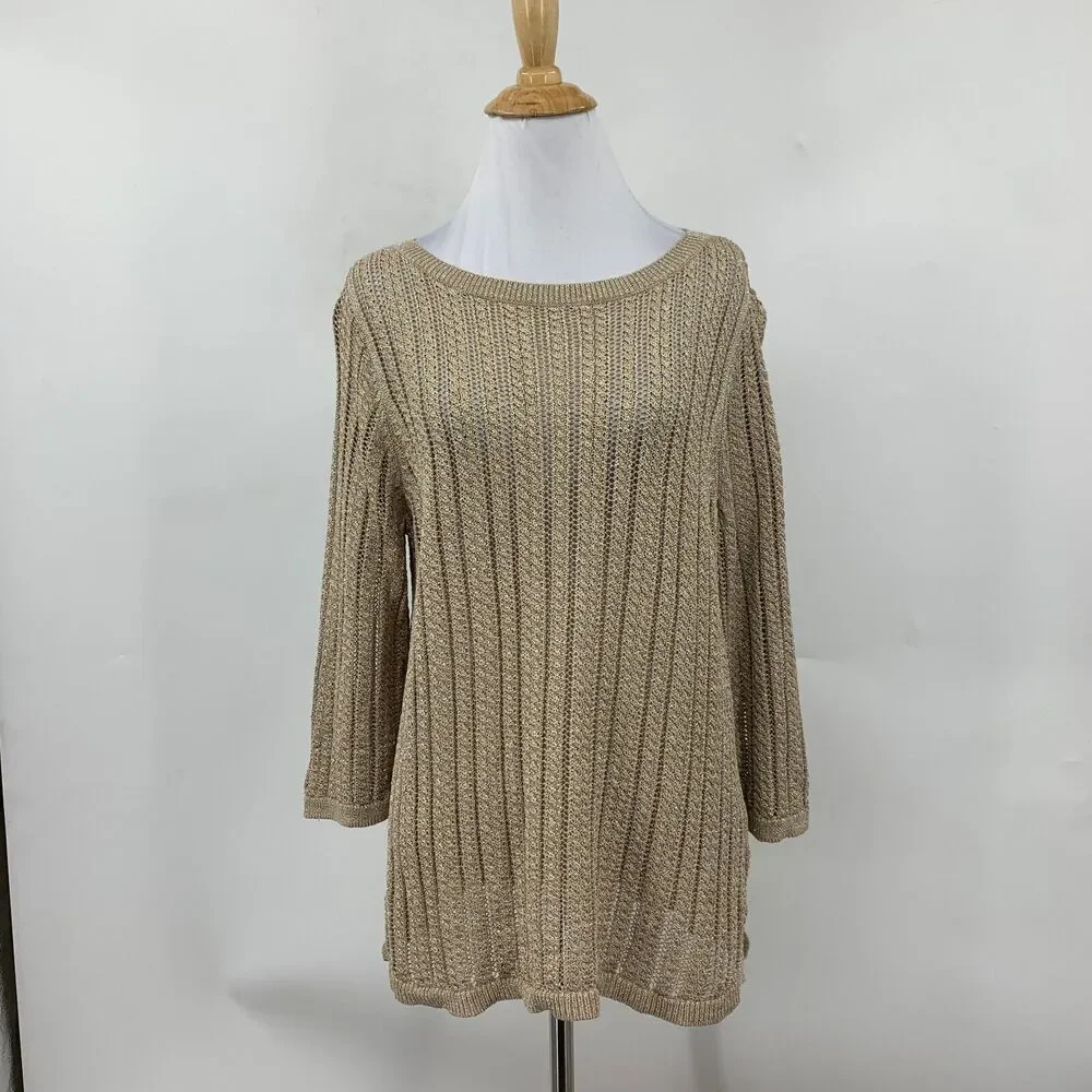 Talbots Sweater Womens XLP Gold Petite Linen Metallic Blend Open Knit Pullover